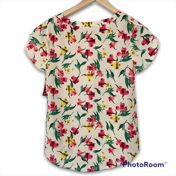 MERONA CREAM/GREEN/YELLOW/PINK FLORAL FLOATY TOP/BLOUSE WITH TULIP SLEEVES-XS - Picture 2 of 7